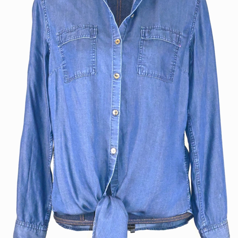 Jones New York Chambray Button-up With Tie Front Women's Shirt Size S Vintage.